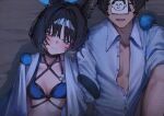 1boy 1girl animal_ear_fluff animal_ears bakeneko betabeet bikini black_bikini black_choker black_eyes black_hair blue_archive blue_bikini blue_tail blush breasts bright_pupils cat_ears cat_girl cat_tail choker closed_mouth commentary criss-cross_halter floral_print hair_intakes halterneck haori head_on_another&#039;s_shoulder highres japanese_clothes kikyou_(blue_archive) kikyou_(swimsuit)_(blue_archive) layered_bikini medium_breasts night official_alternate_costume outdoors partially_unbuttoned sensei_(blue_archive) shirt short_hair sitting sleeves_rolled_up smile swimsuit tail white_haori white_pupils white_shirt 