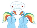  &lt;3 anatomically_correct anatomically_correct_pussy animal_genitalia anus bedroom_eyes blue_fur blush cutie_mark dock duo english_text equine equine_pussy fan_character female friendship_is_magic fur hair hooves horse long_hair looking_at_viewer looking_back mammal multicolored_hair my_little_pony open_mouth plain_background pony presenting puffy_anus purple_eyes pussy rainbow_dash_(mlp) raised_tail rear_view rusticpony smile text 