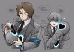  1boy 1girl :3 armband black_necktie blue_armband blue_eyes braid brown_hair closed_mouth coat collared_shirt commentary_request dark_skin e.g.o_(project_moon) employee_(project_moon) grey_coat grey_hair grey_jacket heart highres holding_orb jacket lapels lobotomy_corporation long_hair long_sleeves low_twin_braids necktie notched_lapels nugget_(project_moon) open_mouth project_moon shirt sleeves_past_fingers sleeves_past_wrists smile sound_of_a_star_(e.g.o) translation_request twin_braids very_long_hair white_shirt yatsumeunagi 