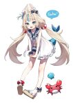  1girl :d ahoge animal_ear_fluff animal_ears bare_arms bikini bikini_under_clothes blonde_hair blue_eyes blue_hair blue_neckerchief blue_sailor_collar blush bow cat_ears character_name collar colored_speech_bubble commentary crab dress fang fins fish_girl fish_tail frilled_bikini frilled_dress frills full_body hair_bow ika_esu indie_virtual_youtuber interlocked_fingers kaniki_(sameko_saba) leaning_forward lifebuoy_hair_ornament long_hair looking_at_viewer low_twintails multicolored_hair navel neckerchief one_side_up open_mouth platform_sandals sailor_collar sameko_saba sandals scrunchie seashell shell shorts simple_background sleeveless sleeveless_dress smile speech_bubble streaked_hair swimsuit tail tongue twintails unbuttoned very_long_hair virtual_youtuber white_background white_dress white_shorts wrist_scrunchie 