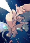  air_bubble arm_up blue_hair bubble closed_eyes colored_eyelashes colored_skin fang long_hair no_humans open_mouth pokemon pokemon_(creature) pokemon_focus primarina sstoh underwater very_long_hair white_eyelashes white_skin 