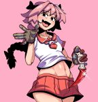  1boy absurdres astolfo_(fate) astolfo_(sailor_paladin)_(fate) black_bow bow braid brown_gloves commentary counter-strike_(series) counter-strike_2 cowboy_shot dagger english_commentary fang fate_(series) glint gloves hair_bow highres holding holding_dagger holding_knife holding_weapon hugo_(rushbordie) karambit knife long_hair looking_at_viewer male_focus navel open_mouth orange_eyes pink_background pink_hair red_sailor_collar red_skirt reverse_grip sailor_collar shirt short_sleeves simple_background single_braid skin_fang skirt smile solo trap waving weapon white_shirt 