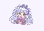  1girl absurdly_long_hair ascot black_pantyhose blue_hat blunt_bangs blunt_ends boots bow bow-shaped_hair chibi closed_mouth cure_amour diamond_brooch dot_nose dress earrings frilled_dress frilled_footwear frilled_headwear frilled_sleeves frills fur_hat gloves happy hat hat_bow hugtto!_precure ichigo_usuhana jewelry light_blush long_hair looking_at_viewer magical_girl makeup mascara medium_dress mini_hat outstretched_arms pantyhose pink_ascot pom_pom_(clothes) pom_pom_earrings precure purple_background purple_boots purple_bow purple_dress purple_eyes purple_hair ruru_amour short_sleeves sidelocks simple_background smile solo tareme train_(clothing) very_long_hair wavy_hair white_gloves white_sleeves wrist_bow yellow_brooch 