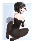  1girl absurdres all_fours ass black_choker black_hair black_leotard black_nails black_pantyhose brown_eyes choker fang highres leotard looking_at_viewer looking_back offkair open_mouth original pantyhose short_hair solo 
