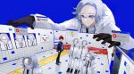  6+boys ahoge aotsuki_eito asako_(pixiv_5702576) black_gloves black_hair black_pants black_shoes blood blue_background blue_eyes blue_jacket clone closed_mouth coat commentary door error_message full_body glasses gloves indoors jacket looking_at_another male_focus multicolored_hair multiple_boys open_mouth pants parted_bangs peeking photo_(object) red_hair shoes sign simple_background smile stairs streaked_hair subway_station sumino_takumi the_exit_8 the_hundred_line_-last_defense_academy- upper_body warning_sign white_coat white_hair white_pants 