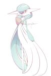  bob_cut colored_skin dress gardevoir green_hair green_skin hair_over_one_eye multicolored_skin narumiya_pkmn pink_eyes pokemon pokemon_(creature) signature simple_background two-tone_skin white_background white_dress white_skin 