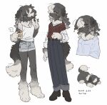  4girls black_fur black_hair black_tail blue_eyes blue_shorts breasts chibi coffee_mug colored_bangs cup dated denim disembodied_torso dog_girl dog_tail earrings fluffy_tail furry furry_female glasses gomafuto hair_over_one_eye holding holding_cup jeans jewelry medium_breasts medium_hair mug multicolored_hair multiple_girls original pants shirt shorts simple_background standing sweater tail two-tone_hair two-tone_tail white_hair white_shirt white_tail 
