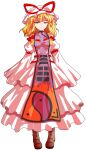  1girl alphes_(style) blonde_hair boots bow breasts brown_boots closed_mouth commentary_request dairi dress flame_print full_body glaring hair_bow hat large_variant_set long_sleeves looking_at_viewer medium_breasts mob_cap multiple_hair_bows parody purple_tabard red_bow sleeves_past_wrists solo style_parody tabard tachi-e touhou transparent_background variant_set white_dress white_hat white_sleeves wide_sleeves yakumo_yukari yellow_eyes yin_yang 