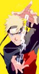  1boy blue_eyes forehead_protector grin highres jacket konohagakure_symbol long_sleeves looking_at_viewer naruto_(series) naruto_shippuuden ninja orange_jacket short_hair simple_background smile solo spiked_hair teeth upper_body uzumaki_naruto yellow_background zifletts 