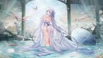  1girl absurdres ahoge alternate_costume architecture ass azur_lane back banchiyuebai bare_shoulders bird blue_eyes blue_flower blue_sky blue_umbrella blush breasts closed_mouth dress east_asian_architecture flower from_behind hair_flower hair_intakes hair_ornament highres illustrious_(azur_lane) kneepits large_breasts long_hair looking_at_viewer looking_back mole mole_under_eye oil-paper_umbrella see-through_clothes see-through_dress shawl sky smile standing tassel thighs umbrella very_long_hair wading wet wet_clothes wet_dress white_bird white_dress white_hair white_shawl 