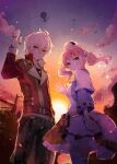  1boy 1girl absurdres aircraft artist_name atelier_(series) atelier_escha_&amp;_logy backlighting bracelet closed_mouth cloud commentary_request cowboy_shot escha_malier fingerless_gloves gloves green_eyes hair_ornament hand_up highres hitoba hot_air_balloon jewelry logix_ficsario long_hair long_sleeves looking_at_viewer open_hand outdoors pink_hair pom_pom_(clothes) pom_pom_hair_ornament pouch short_hair simple_bird skirt sky smile standing sun sunset twintails watermark watermark_grid white_hair 