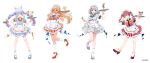  4girls :d ;d animal_ears apron back_bow blonde_hair blue_bow blue_bowtie blue_dress blue_hair blue_shoes bow bowtie braid breasts brooch buttons carrot_hair_ornament collared_dress color-coded commentary_request contrast_collar copyright_notice dark-skinned_female dark_skin double-breasted dress elf extra_ears food food-themed_hair_ornament frilled_apron frilled_dress frilled_socks frills full_body green_eyes grey_dress grey_hair grey_shoes hair_ornament hair_ribbon hand_on_own_hip hand_up hands_up headdress high_ponytail highres hikimayu holding holding_tray hololive hololive_fantasy houshou_marine jewelry kneehighs lapels large_bow large_breasts long_hair looking_at_viewer mary_janes miyadani_risa multicolored_hair multiple_girls notched_lapels official_alternate_costume official_art one_eye_closed orange_dress orange_eyes orange_shoes parfait pointy_ears ponytail puffy_short_sleeves puffy_sleeves rabbit_ears rabbit_girl red_dress red_eyes red_hair red_shoes ribbon shiranui_flare shirogane_noel shoes short_eyebrows short_hair short_sleeves side_braid sidelocks simple_background smile socks streaked_hair striped_clothes striped_dress thick_eyebrows tray twin_braids twintails two-tone_hair usada_pekora vertical-striped_clothes vertical-striped_dress virtual_youtuber waist_apron waitress waving white_background white_bow white_hair white_socks wrist_cuffs yellow_bow yellow_bowtie 