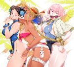  3girls bikini black_hair blonde_hair bob_cut bracelet braid braided_hair_rings breasts cammy_white chun-li double_bun flower hair_bun hair_flower hair_ornament hair_rings hat highleg highleg_one-piece_swimsuit highres jewelry large_breasts low_twin_braids manon_legrand multiple_girls official_alternate_costume official_alternate_hairstyle one-piece_swimsuit pink_bikini pink_hair pouch smile straw_hat street_fighter street_fighter_6 sunglasses swimsuit tan tanlines thigh_pouch thigh_strap thighs twin_braids yoichi555p 