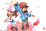  1boy 1girl arm_up artist_name bad_id bad_tumblr_id baseball_cap blue_eyes blue_jacket brown_eyes exposed_pocket falling_petals full_body hat hilbert_(pokemon) hilda_(pokemon) holding holding_petal jacket looking_at_viewer nyagiratwist outstretched_arm petals pokemon pokemon_bw smile standing white_background 