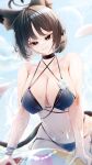  1girl absurdres animal_ear_fluff animal_ears bare_arms bare_shoulders bikini black_eyes black_hair blue_archive blue_bikini blunt_ends breasts cat_ears cat_girl cat_tail cleavage_cutout closed_mouth clothing_cutout covered_nipples flower highres kikyou_(blue_archive) kikyou_(swimsuit)_(blue_archive) looking_at_viewer multiple_tails navel official_alternate_costume omaigoodgoodeat short_hair smile solo stomach swimsuit tail two_tails wet white_flower 