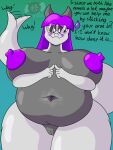  2023 absurd_res anthro areola arm_under_breasts belly big_belly big_breasts big_glasses big_nipples black_sclera blush bodily_fluids breasts curvy_figure deep_navel delfox_(artist) detailed_navel dialogue digital_media_(artwork) dragon english_text eyelashes eyewear female freckles front_view glasses glistening glistening_areola glistening_belly glistening_body glistening_breasts glistening_nipples glistening_thighs gradient_background grey_body hair hi_res horn huge_hips long_hair looking_at_viewer markings mole_(marking) multicolored_body musk mythological_creature mythological_scalie mythology navel navel_musk nipples non-mammal_breasts obese obese_anthro obese_female overweight overweight_anthro overweight_female plump_labia pupils purple_areola purple_eyes purple_hair purple_nipples saphy_magistralis scalie shy simple_background solo standing stuttering sweat sweatdrop tail tail_motion tailwag talking_to_viewer text thick_thighs two_tone_body vulva watermark white_pupils wide_hips wingless_dragon 