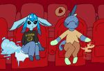 ambiguous_gender anthro black_clothing black_shirt black_topwear blue_blush blue_body blue_fur blush bodily_fluids bottomwear brown_bottomwear brown_clothing brown_pants brown_shirt brown_topwear chair clothed clothing denim denim_bottomwear denim_clothing drizzile duo ears_down eeveelution emanata fart fart_cloud fart_fetish feces fur furniture generation_4_pokemon generation_8_pokemon glaceon gloves_(marking) ice_fart jeans knock-kneed markings movie_theater nintendo nirvana nirvana_logo on_chair pants pivoted_ears pokemon pokemon_(species) shirt sitting sitting_on_chair sound_effects sweat tail text theonetruesinner thought_bubble topwear unusual_fart