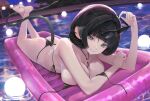  1girl absurdres alternate_costume animal_ears ass barefoot bikini black_bikini black_hair blunt_bangs breasts commentary crossed_ankles green_eyes hair_intakes highres holding holding_removed_eyewear inflatable_raft jane_doe_(zenless_zone_zero) large_breasts legs long_hair lying malsuk mouse_ears mouse_girl mouse_tail night night_sky on_stomach pool sky sunglasses swimsuit symbol-only_commentary tail untied_bikini_top unworn_eyewear zenless_zone_zero 