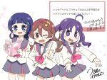 3girls ahoge anime_coloring aokaze_nana blazer blue_eyes blue_hair blue_ribbon blunt_bangs book brown_hair buttons commentary_request cowboy_shot floating_clothes floating_hair futari_wa_precure grey_skirt hair_between_eyes hair_ornament hair_ribbon hairband hanamichi_middle_school_uniform hand_on_own_hip heart holding holding_book jacket kimi_to_idol_precure light_blush long_hair long_sleeves looking_at_viewer manga_(object) miniskirt multiple_girls musical_note musical_note_hair_ornament neckerchief nichijou one_eye_closed open_mouth outstretched_arms parody parted_bangs petals pink_eyes pink_hairband pink_neckerchief pleated_skirt pointing pointing_at_viewer precure purple_eyes purple_hair request_inset ribbon sakura_uta_(precure) school_uniform shigure_kokoro shirt sidelocks signature simple_background skirt sleeve_cuffs smile standing style_parody tareme translation_request tress_ribbon twintails uruoi_kanon v-shaped_eyebrows white_background white_jacket white_shirt 