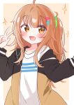  1girl :d ahoge blunt_bangs blush brown_eyes brown_hair collarbone eyebrows_hidden_by_hair hair_ornament hair_tie hairclip hibi_wa_sugiredo_meshi_umashi highres jacket long_sleeves looking_at_viewer meggut_2521 multiple_hair_clips off_shoulder ogawa_shinon open_clothes open_jacket open_mouth shirt side_ponytail single_off_shoulder smile solo upper_body v white_shirt 