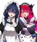  2girls :d @_@ absurdres aotake_iro apron black_dress black_hair black_headdress blue_eyes blunt_bangs braid chest_bow commentary_request crystal_wings double_halo dress drill_hair drill_sidelocks hair_intakes hair_ribbon halo hand_up hat heart heart-shaped_pupils heterochromia highres holding holding_leash holding_scissors hololive hololive_english index_finger_raised irys_(hololive) irys_(maid)_(hololive) juliet_sleeves lace-trimmed_collar lace-trimmed_headdress lace_trim leash long_hair long_sleeves looking_at_viewer low_twin_braids maid maid_apron mob_cap multicolored_hair multiple_girls official_alternate_costume official_alternate_hairstyle open_mouth ouro_kronii ouro_kronii_(maid) pocket_watch pointy_ears pov puffy_sleeves ribbon ringed_eyes scissors sidelocks simple_background smile star_(symbol) star_halo streaked_hair symbol-shaped_pupils twin_braids victorian_maid viewer_on_leash virtual_youtuber watch white_apron white_background white_ribbon wide_sleeves yandere 