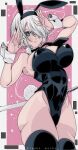  1girl 2b_(nier:automata) animal_ears bare_shoulders black_hairband blush breasts clothing_cutout curvy hairband highres kinakomochi_(user_vedc2333) large_breasts looking_at_viewer mole mole_under_mouth nier:automata nier_(series) playboy_bunny rabbit_ears short_hair solo thighhighs thighs white_hair 