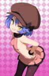  1girl backless_dress backless_outfit bow breasts checkered_background cowboy_shot dress from_above grin hand_on_own_hip hat hat_bow highres looking_at_viewer mori_hayaki nadya_(pokemon) newsboy_cap pantyhose pink_dress pokemon pokemon_duel purple_hair short_dress short_hair sideboob sleeveless sleeveless_dress small_breasts smile teeth wristband yellow_eyes 