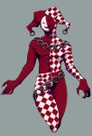  1boy ^_^ argyle_bodysuit argyle_clothes argyle_hat bodysuit chain claws closed_eyes cowboy_shot grey_background grin hat highres jester_cap jewelry library_of_ruina necklace oswald_(project_moon) project_moon red_bodysuit simple_background smile solo white_bodysuit yatsumeunagi 