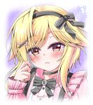  1girl alternate_costume black_bow black_bowtie black_choker black_hairband blonde_hair blush border bow bowtie center_frills choker commentary_request eyelashes frilled_bow frilled_shirt frills hair_bow hair_intakes hair_ornament hairband hand_up highres jirai_kei kin-iro_loveriche long_sleeves looking_at_viewer medium_hair open_mouth pink_shirt red_eyes shirt simple_background single_hair_intake solo souma_ria tamamo_(1_tamamo) upper_body white_border x_hair_ornament 