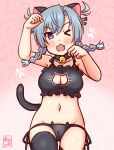  &gt;_&lt; 1girl animal_ears artist_logo bell black_bra black_panties blue_eyes bra braid breasts cameltoe cat_cutout cat_ear_panties cat_ears cat_lingerie cat_tail cleavage cleavage_cutout clothing_cutout dated fang frilled_bra frills gradient_background jingle_bell kanon_(kurogane_knights) kantai_collection logo low_twintails medium_breasts neck_bell one-hour_drawing_challenge one_eye_closed panties paw_pose pink_background shimane_maru_(kancolle) side-tie_panties skin_fang solo tail twin_braids twintails underwear underwear_only 