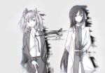  2girls akemi_homura black_hair black_pants black_shirt black_suit bound_together closed_mouth glitch grey_background greyscale hair_ribbon hairband highres kaname_madoka kedrealin lab_coat long_hair long_sleeves looking_at_another looking_to_the_side mahou_shoujo_madoka_magica monochrome multiple_girls pants ribbon shirt suit twintails white_shirt 