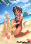  1girl aogiri_shinobu ball beach beachball black_hair blue_sky braid breasts building_sand_sculpture closed_mouth cloud copyright_notice cup dark-skinned_female dark_skin dragon_musume_ni_naritakunai! drinking_glass drinking_straw duel_masters goggles goggles_around_neck green_hair hair_ornament highres light_blush looking_at_viewer miyamoto_satoru multicolored_hair multicolored_swimsuit ocean official_art one-piece_swimsuit outdoors pink_hair purple_eyes sand_castle sand_sculpture seashell seiza shell shovel sitting sky smile solo sparkle swimsuit 