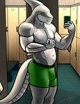  automail belly bgn blue_eyes bulge clothing david_(character) fish gym lockers male marine metal muscles phone scar selfie shark shorts solo spandex 