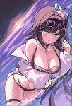  1girl abigail_(black_survival) absurdres aqua_eyes bare_shoulders bikini black_bikini black_choker black_hair black_survival breasts choker cleavage commentary_request dutch_angle eternal_return:_black_survival flower hair_flower hair_ornament hairclip heart heart-shaped_eyewear heart_hair_ornament highres jacket korean_commentary large_breasts long_hair long_sleeves looking_at_viewer lying multi-strapped_bikini_bottom multicolored_bikini multicolored_hair navel off_shoulder official_alternate_costume on_side parted_lips pink_bikini q_cupid_p3 solo stomach streaked_hair string_bikini sunglasses swimsuit thigh_strap thighs two-tone_bikini very_long_hair water wet white_jacket 
