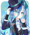  1girl 37_(reverse:1999) :&gt; adjusting_clothes adjusting_headwear artist_name ascot black_coat black_hat blue_background blue_bow blue_eyes blue_hair boater_hat bow coat collared_shirt cosplay hair_between_eyes hand_on_headwear hands_up hat hat_bow highres jitsugetsu_(bakavh0hok87401) long_hair long_sleeves looking_at_viewer reverse:1999 shirt solo triangle twitter_username upper_body vertin_(reverse:1999) vertin_(reverse:1999)_(cosplay) very_long_hair vest waistcoat white_ascot white_shirt 