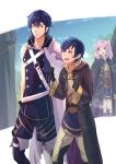  1girl 2boys armor belt black_gloves black_robe blue_eyes blue_hair blue_pants blue_shirt brown_belt chrom_(fire_emblem) closed_mouth father_and_daughter female_robin_(fire_emblem) fire_emblem fire_emblem_awakening gloves hair_between_eyes highres hooded_robe looking_at_another male_morgan_(fire_emblem) mother_and_son multiple_boys open_clothes open_robe pants pink_eyes pink_hair riou_(pooh920) robe shirt shoulder_armor smile walking white_pants white_shirt wide_sleeves 