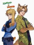  2boys ahoge america_(hetalia) animal_ear_fluff animal_ears axis_powers_hetalia belt black-framed_eyewear black_belt black_necktie black_vest blonde_hair blue_eyes blue_pants blue_shirt brown_fur brown_hair brown_pants claws closed_mouth collared_shirt commentary copyright_name cosplay cowboy_shot crossed_arms crossover en_llll fang fox_ears fox_tail glasses green_eyes green_shirt hawaiian_shirt highres judy_hopps judy_hopps_(cosplay) kemonomimi_mode leaf_print long_sleeves looking_at_viewer male_focus multiple_boys necktie nick_wilde nick_wilde_(cosplay) open_mouth pants pocket police police_badge police_uniform rabbit_ears rabbit_tail semi-rimless_eyewear shirt short_hair short_sleeves simple_background smile standing striped_necktie symbol-only_commentary tail teeth tongue tongue_out united_kingdom_(hetalia) v-shaped_eyebrows vest white_background zootopia 