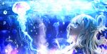 absurdres blue_eyes blue_hair earrings highres hololive hololive_indonesia jellyfish jewelry kobo_kanaeru lips liquid_hair long_hair looking_up multicolored_eyes multicolored_hair open_mouth reflection twitter_username underwater virtual_youtuber zoru_pines 