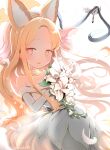  1girl absurdres animal_ear_fluff animal_ears bare_shoulders bird blonde_hair blue_archive blush bouquet cross_halo dress ear_wreath elbow_gloves extra_ears flower flower_wreath forehead fox_ears fox_girl gloves gradient_eyes halo highres holding holding_bouquet long-tailed_tit long_hair looking_at_viewer multicolored_eyes parted_bangs parted_lips sakurano_rocco seia_(blue_archive) solo strapless strapless_dress tit_(bird) very_long_hair wedding_dress white_background white_bird white_dress white_flower yellow_halo 