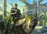  armor canine cape city cityscape duo_focus feral group holding_weapon human magic_the_gathering male mammal matt_stewart official_art quadruped reins riding robe saddle sword weapon wolf 