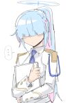  ... 1girl bagaponchi blue_archive blue_hair blue_halo blue_necktie blunt_bangs closed_mouth general_student_council_president_(blue_archive) hair_over_eyes halo highres jacket long_hair long_sleeves necktie pink_hair ponytail simple_background solo spoken_ellipsis upper_body white_background white_jacket 