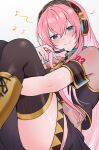  1girl armband black_shirt black_skirt black_thighhighs blue_eyes blue_nails boots commentary detached_sleeves enipa_28 gold_boots gold_trim hairband headphones headset highres jewelry knee_boots lace-up_boots long_hair looking_at_viewer megurine_luka midriff musical_note nail_polish number_tattoo pink_hair see-through_clothes shirt short_sleeves simple_background skirt smile solo solo_focus tattoo thighhighs thighs very_long_hair vocaloid white_background 
