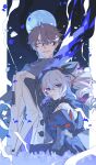  1boy 1girl black_dress black_gloves black_scarf blue_flower blue_petals bronya_zaychik bronya_zaychik_(black_nucleus) bronya_zaychik_(fleurs_du_mal) brown_hair closed_eyes commentary_request dress falling_petals flower full_moon fur_collar glasses gloves grey_hair grey_jacket high_ponytail highres honkai_(series) honkai_impact_3rd jacket kk69to5zf08044 long_hair moon multicolored_hair night night_sky orange_eyes orange_hair petals ponytail scarf short_hair single_drill sky smile streaked_hair two-tone_hair very_short_hair welt_yang 