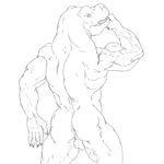  5_fingers balls big_butt big_thighs butt dinosaur looking_back male monochrome muscles open_mouth plain_background rear_view reptile scalie solo stickyfeathers tyrannosaurus_rex vein white_background 