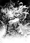  1girl animal_ears bare_shoulders black_background closed_mouth collarbone commentary cowboy_shot dagger determined dress flipped_hair flower greyscale hat hat_flower hero_(10cl3) highres horse_ears horse_girl knife long_hair long_sleeves monochrome off-shoulder_dress off_shoulder rice_shower_(umamusume) rose solo umamusume weapon 