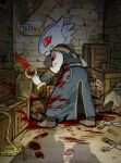 1boy alley back_alley baldur&#039;s_gate baldur&#039;s_gate_3 barrel blood blood_on_arm blood_on_clothes blue_robe brick_wall chibi chibi_only colored_skin crate dagger dismemberment dragon_boy dragon_horns dragonborn_(d&amp;d) dungeons_&amp;_dragons furry furry_male glowing glowing_eye hammer highres holding holding_dagger holding_knife holding_limb holding_weapon horns knife looking_at_viewer magnifying_glass male_focus murder outdoors poster_(object) red_eyes robe rope sack severed_arm severed_limb shadow slit_pupils solo standing the_dark_urge_(baldur&#039;s_gate) weapon white_skin yy20251111 