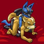  2015 anal anal_penetration animal_genitalia anthro barefoot bed black_nose butt canine duo erection fox fox_mccloud fur gay green_eyes hair half-closed_eyes licking looking_down lucario male mammal megalucario_(artist) nintendo nude on_bed one_eye_closed open_mouth penetration penis plain_background pok&eacute;mon red_background red_eyes sex shadow spikes star_fox teeth tongue tongue_out video_games 
