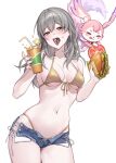  1girl absurdres bare_shoulders bikini blush breasts burger collarbone commentary_request cowboy_shot denim denim_shorts drink drinking_straw food front-tie_bikini_top front-tie_top grey_hair halterneck highres holding holding_burger holding_drink holding_food honkai:_star_rail honkai_(series) ice ice_cube korean_commentary long_hair looking_at_viewer medium_breasts mem_(honkai:_star_rail) navel open_fly open_mouth raki_kr short_shorts shorts simple_background stelle_(honkai:_star_rail) stomach swimsuit thighs trailblazer_(honkai:_star_rail) white_background yellow_bikini yellow_eyes 