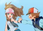  1boy 1girl antenna_hair baseball_cap blue_background blue_eyes blue_jacket brown_hair hat hilbert_(pokemon) hilda_(pokemon) holding_hands interlocked_fingers jacket looking_at_another nyagiratwist pokemon pokemon_bw smile source_request wristband 