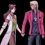  1boy 1girl ace_attorney album_cover_redraw amikoiiko apollo_justice:_ace_attorney armband belt belt_buckle black_background black_belt black_pants blonde_hair blue_eyes breast_pocket brown_hair brown_pants buckle chain chain_necklace closed_mouth cowboy_shot dark-skinned_male dark_skin derivative_work dress_shirt drill_hair earrings ema_skye english_commentary eyewear_on_head facing_to_the_side fingernails green_eyes green_vest half_updo highres holding_hands index_ring initial jacket jewelry klavier_gavin lab_coat lapels lenny_kravitz light_smile long_hair long_sleeves looking_at_another looking_at_viewer medium_hair middle_ring mismatched_eyebrows multiple_rings neckerchief necklace notched_lapels pants peggy_gou pink-tinted_eyewear pink_shirt pleated_pants pocket popped_collar purple_jacket purple_shirt red_armband red_neckerchief ring round_eyewear shirt simple_background single_earring sleeves_rolled_up sternocleidomastoid_muscle suit_jacket sunglasses tinted_eyewear vest waistcoat wallet_chain watch white-framed_eyewear wristwatch 